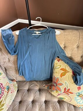 cooper & ella Dusty Blue Cold-Shoulder Tie-Neck Blouse